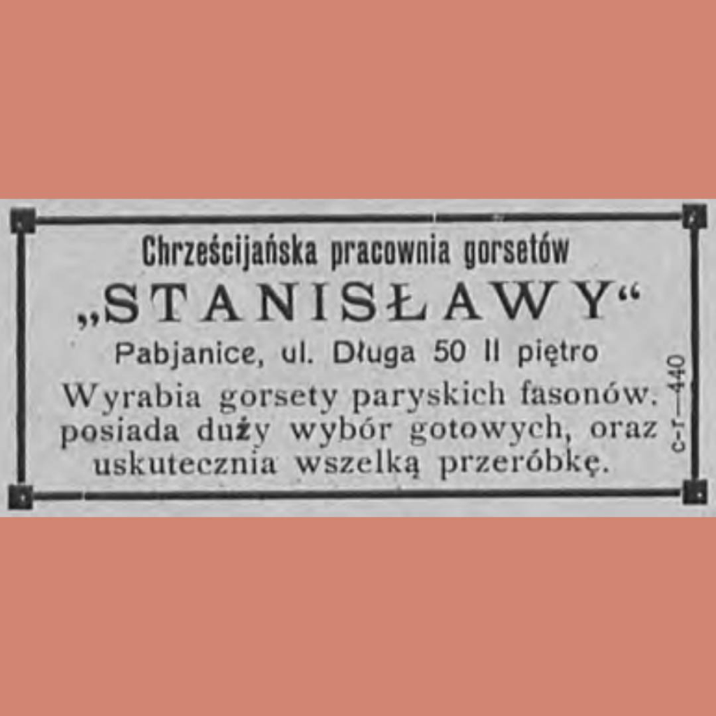 reklama: chrześcijańska pracownia gorsetów "Stanisławy" w Pabianicach
